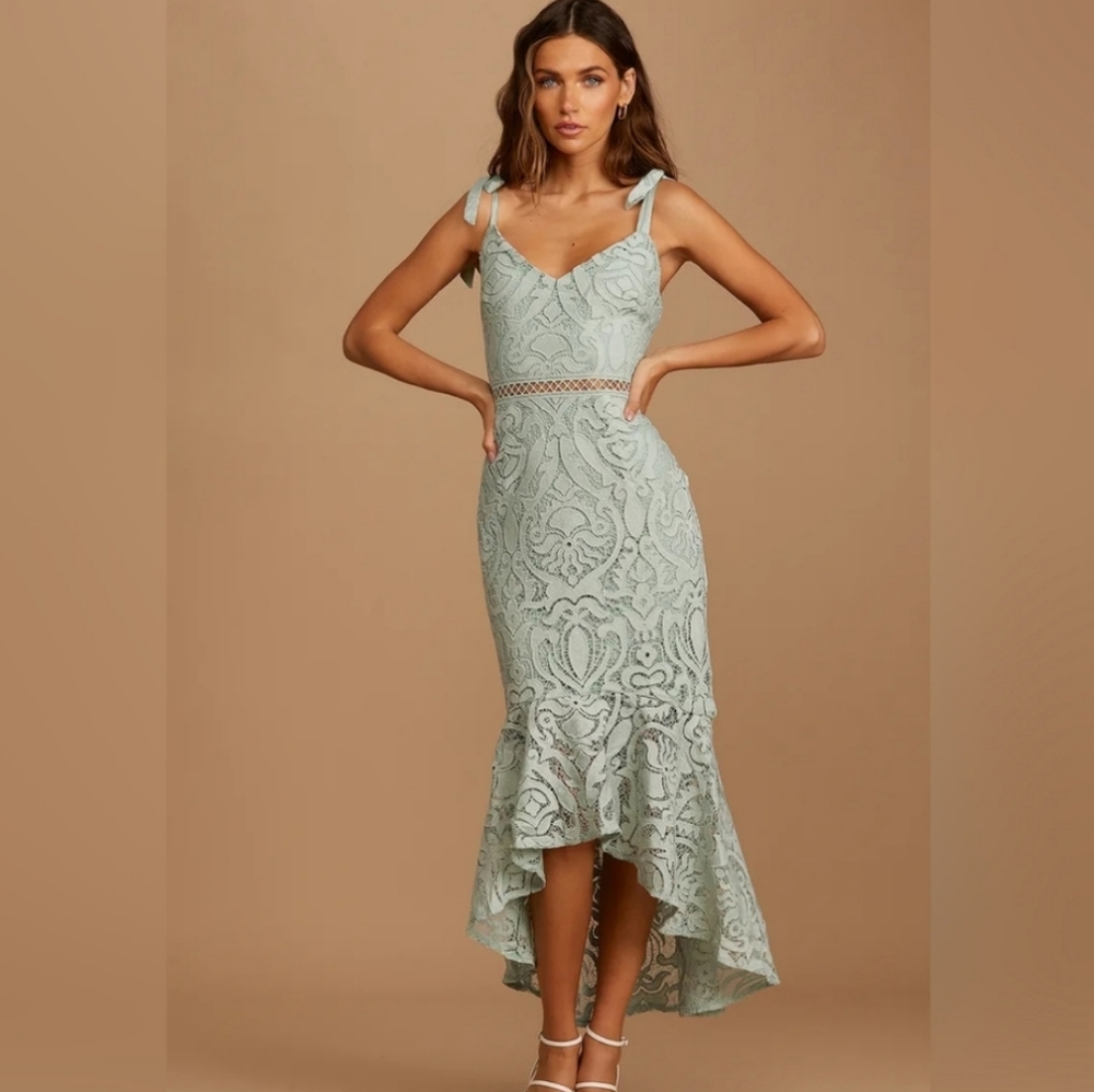 Lulus Won Your Heart Sage Green Lace Tie-Strap High-Low Midi Dress NWT